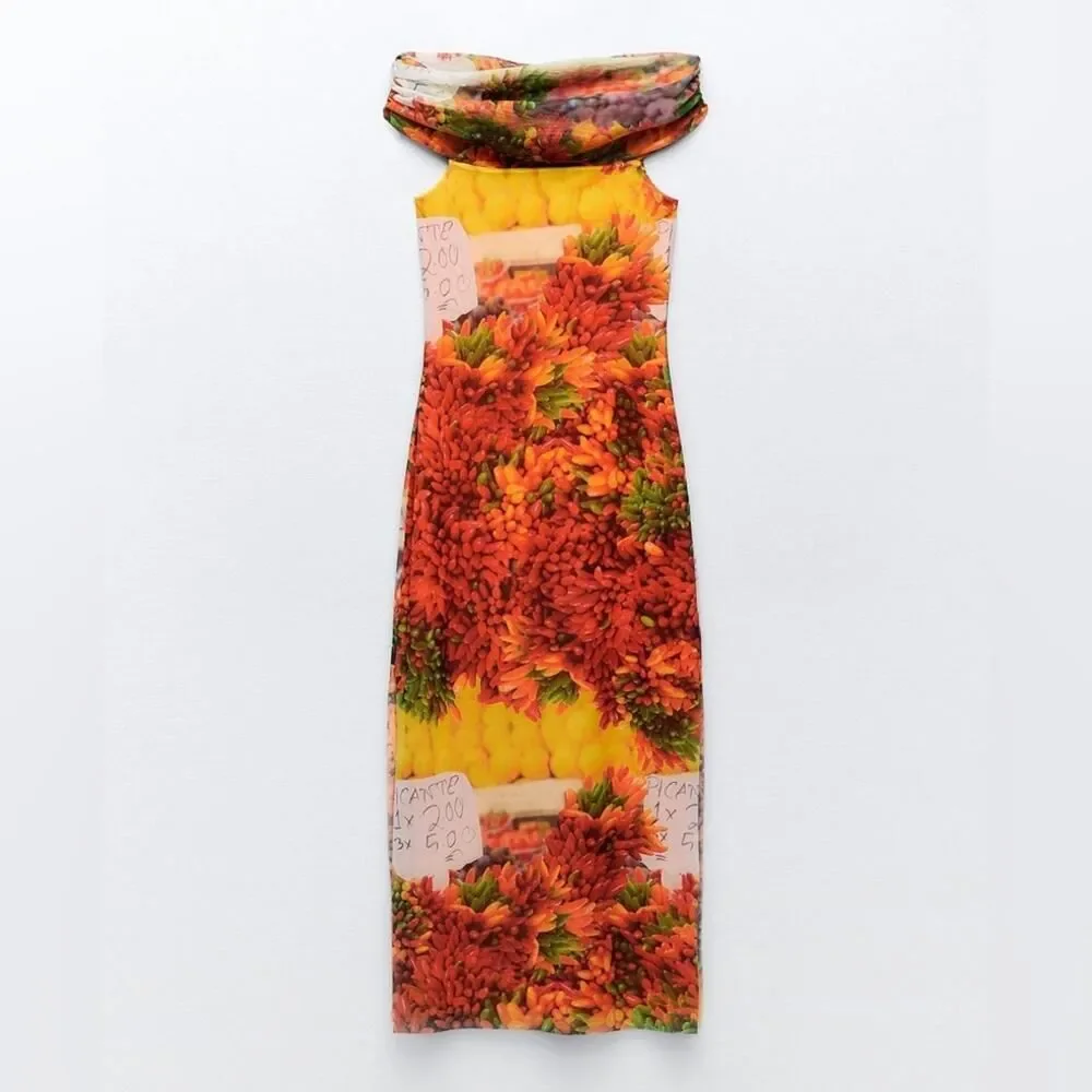 Zara Off Shoulder Dress Chili Pepper Bodycon Dress Small Vacation NWT - Picture 11 of 12